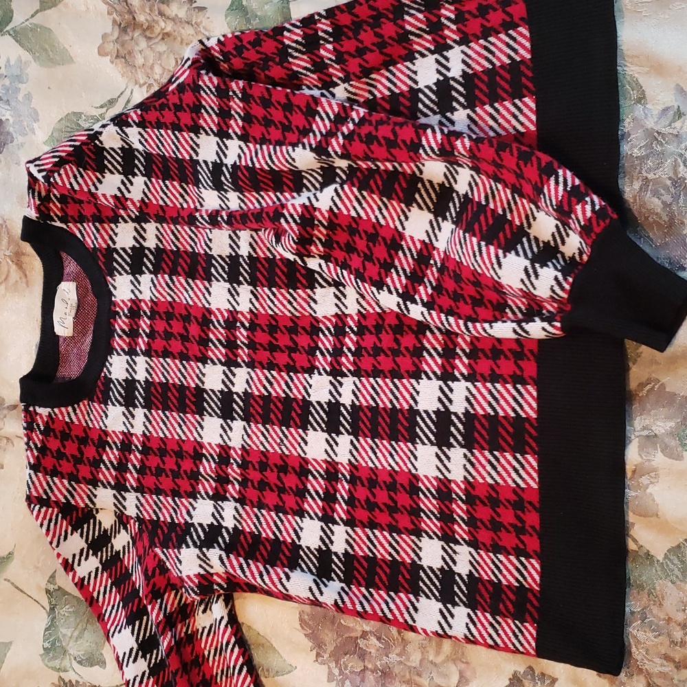 Red white black plaid sweater